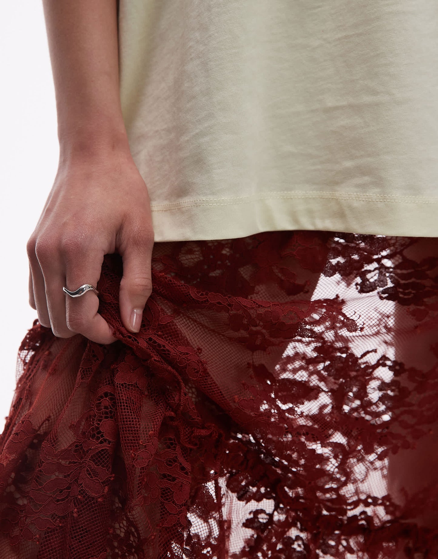 Topshop ruffle seam sheer lace maxi skirt in brown