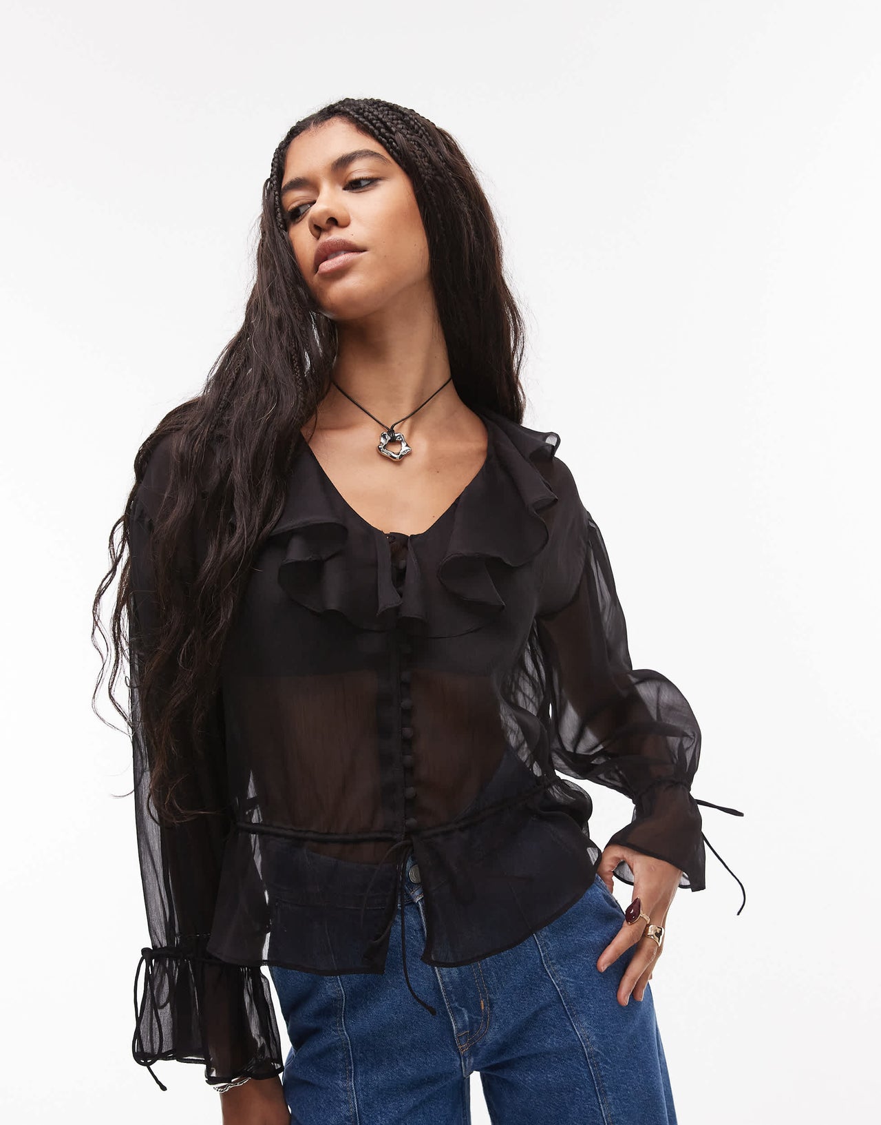 Topshop sheer ruffle tie front top in black