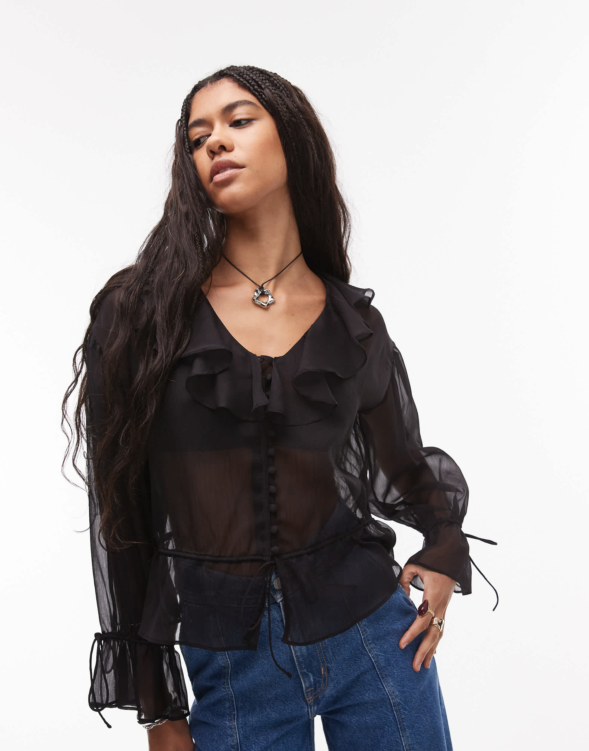 Topshop sheer ruffle tie front top in black