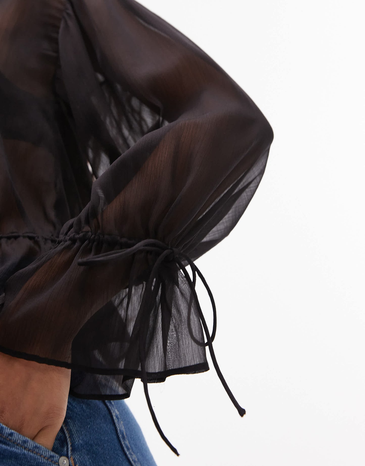 Topshop sheer ruffle tie front top in black