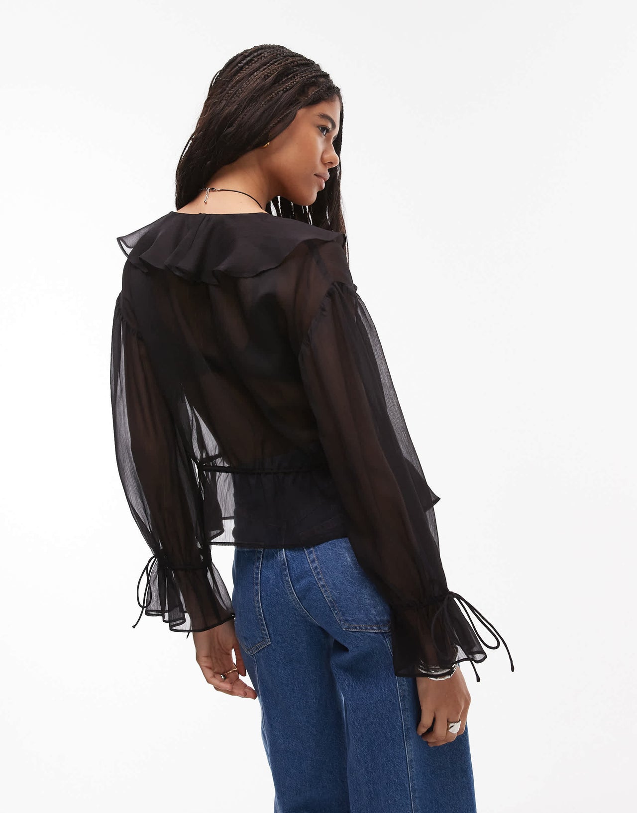 Topshop sheer ruffle tie front top in black