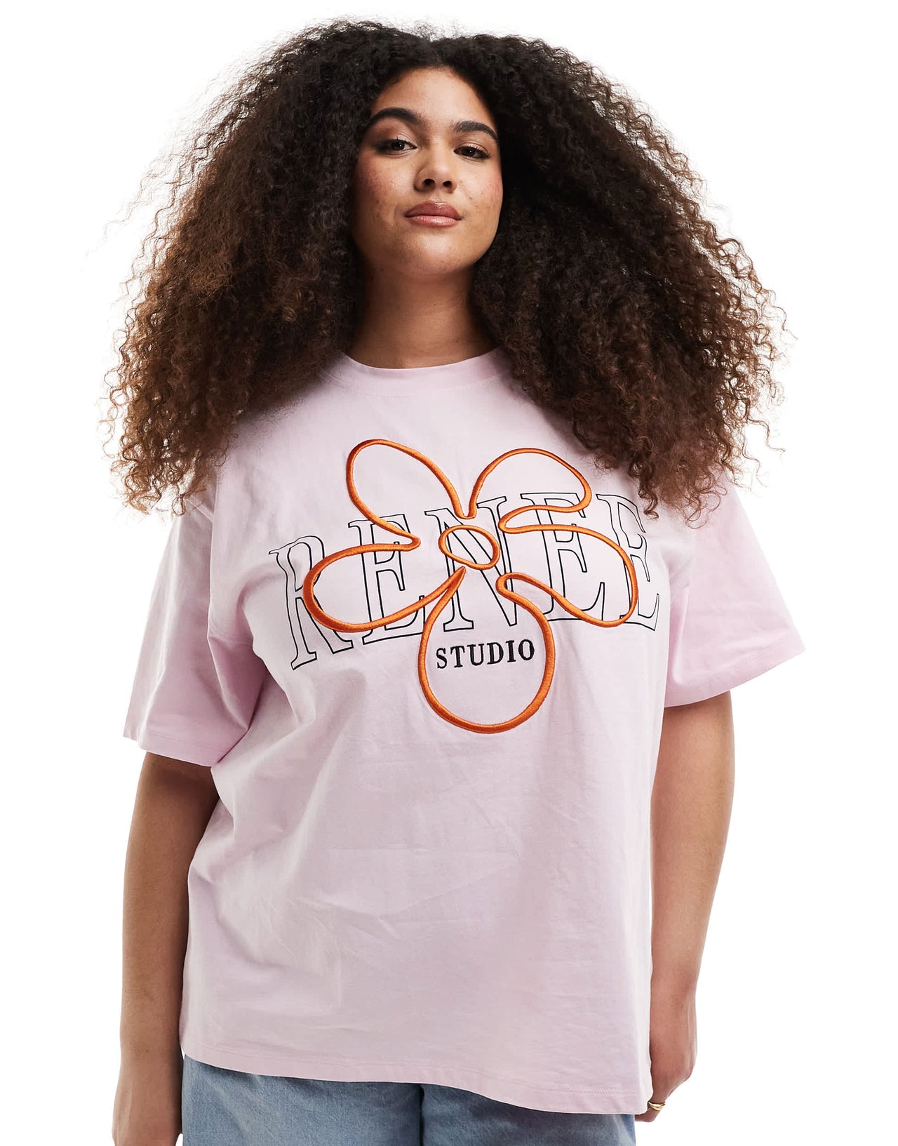 Renee Studio Plus exclusive crew neck embroidered flower logo t-shirt in pink