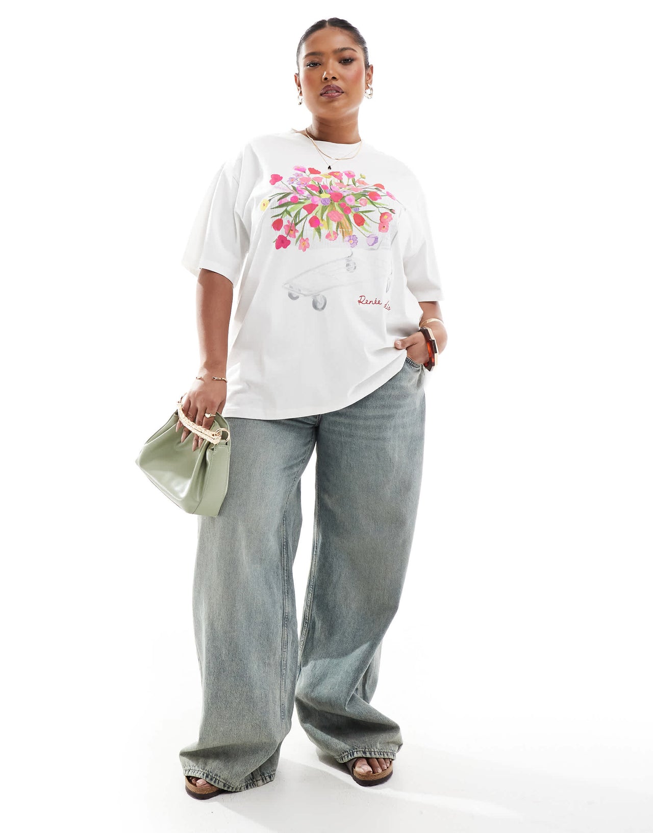 Renee Studio Plus exclusive crew neck trolley flower bouquet graphic t-shirt in cream