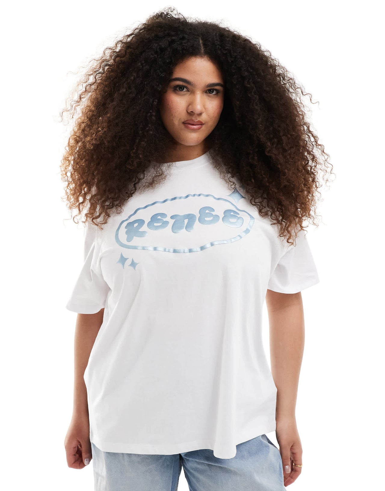 Renee Studio Plus exclusive crew neck metallic bubble logo print t-shirt in white
