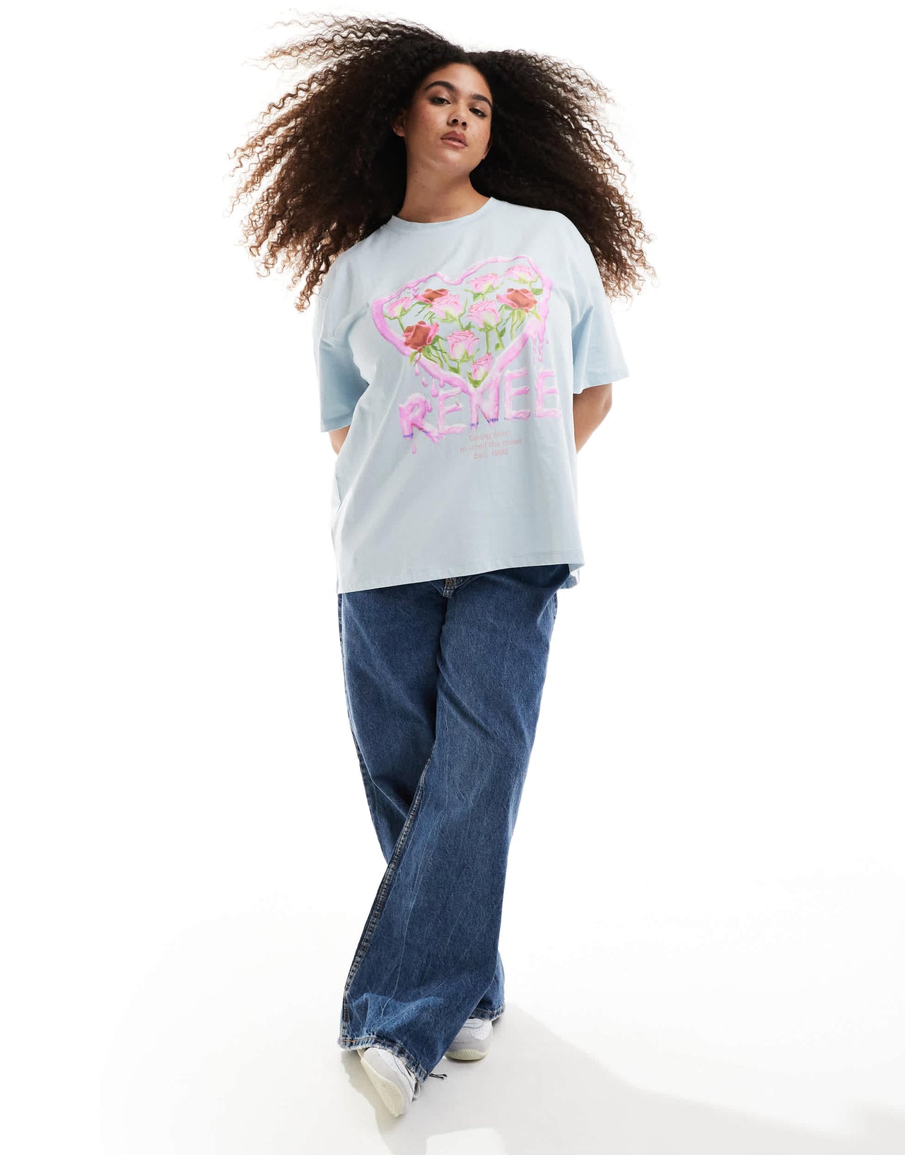 Renee Studio Plus exclusive crew neck rose heart graphic t-shirt in light blue