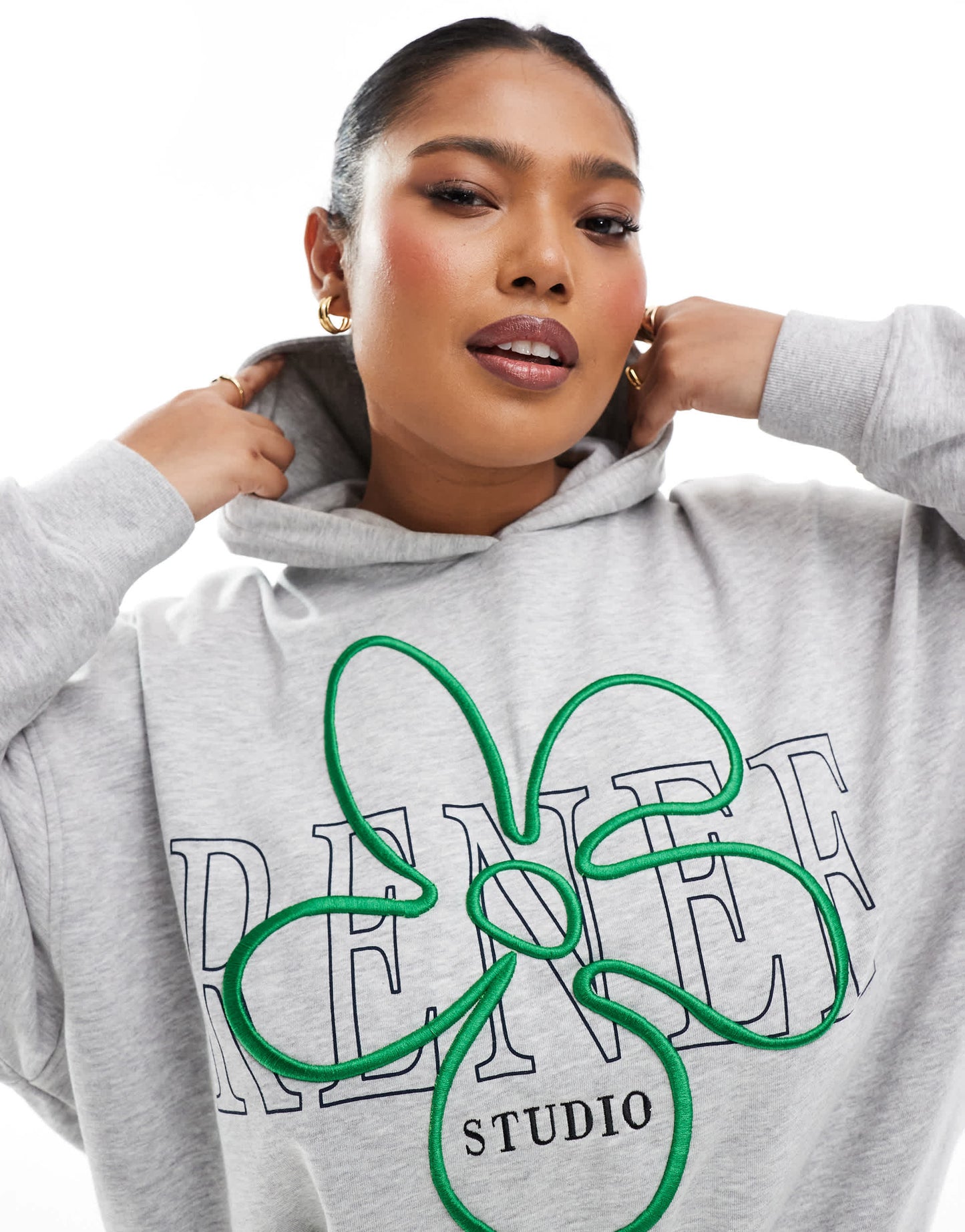 Renee Studio Plus exclusive embroidered flower logo oversized hoodie co-ord in grey