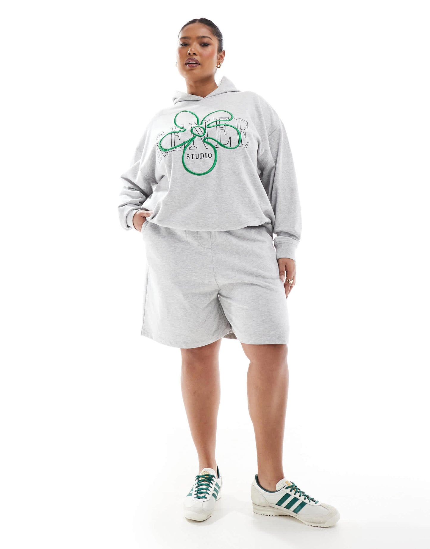 Renee Studio Plus exclusive embroidered flower logo oversized hoodie co-ord in grey
