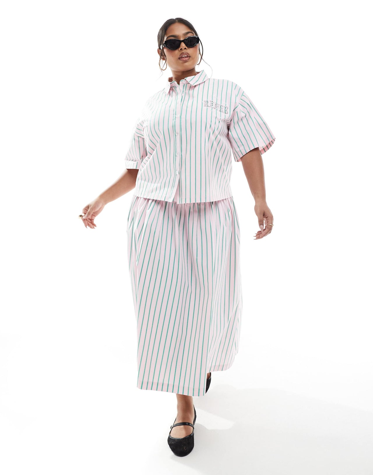 Renee Studio Plus exclusive wide waistband midi skirt co-ord in pink and green stripe