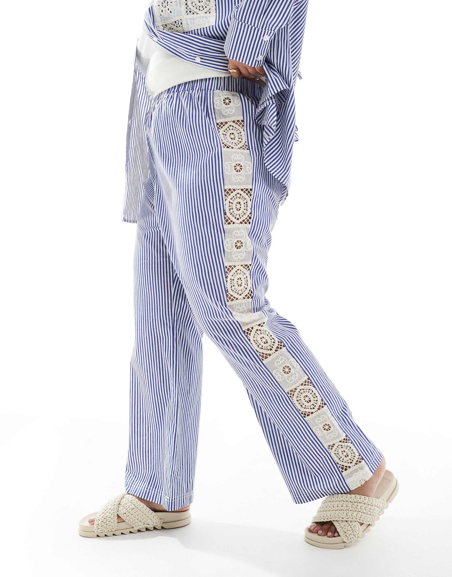 Renee Studio Plus exclusive crochet side panel wide leg trousers co-ord in blue and white stripe