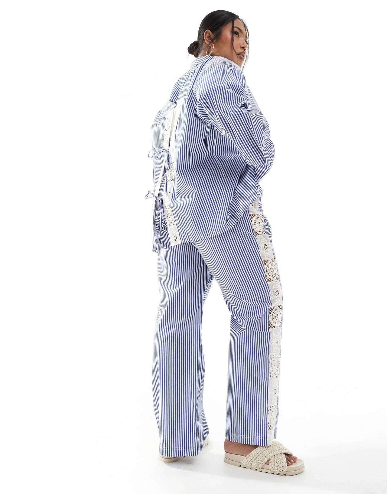 Renee Studio Plus exclusive crochet side panel wide leg trousers co-ord in blue and white stripe