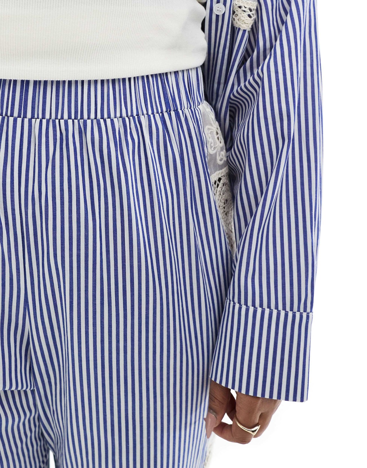 Renee Studio Plus exclusive crochet side panel wide leg trousers co-ord in blue and white stripe