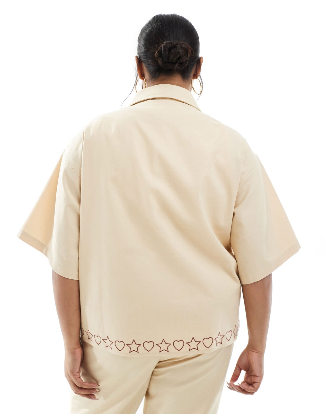 Renee Studio Plus exclusive linen blend button front embroidered detail shirt co-ord in beige