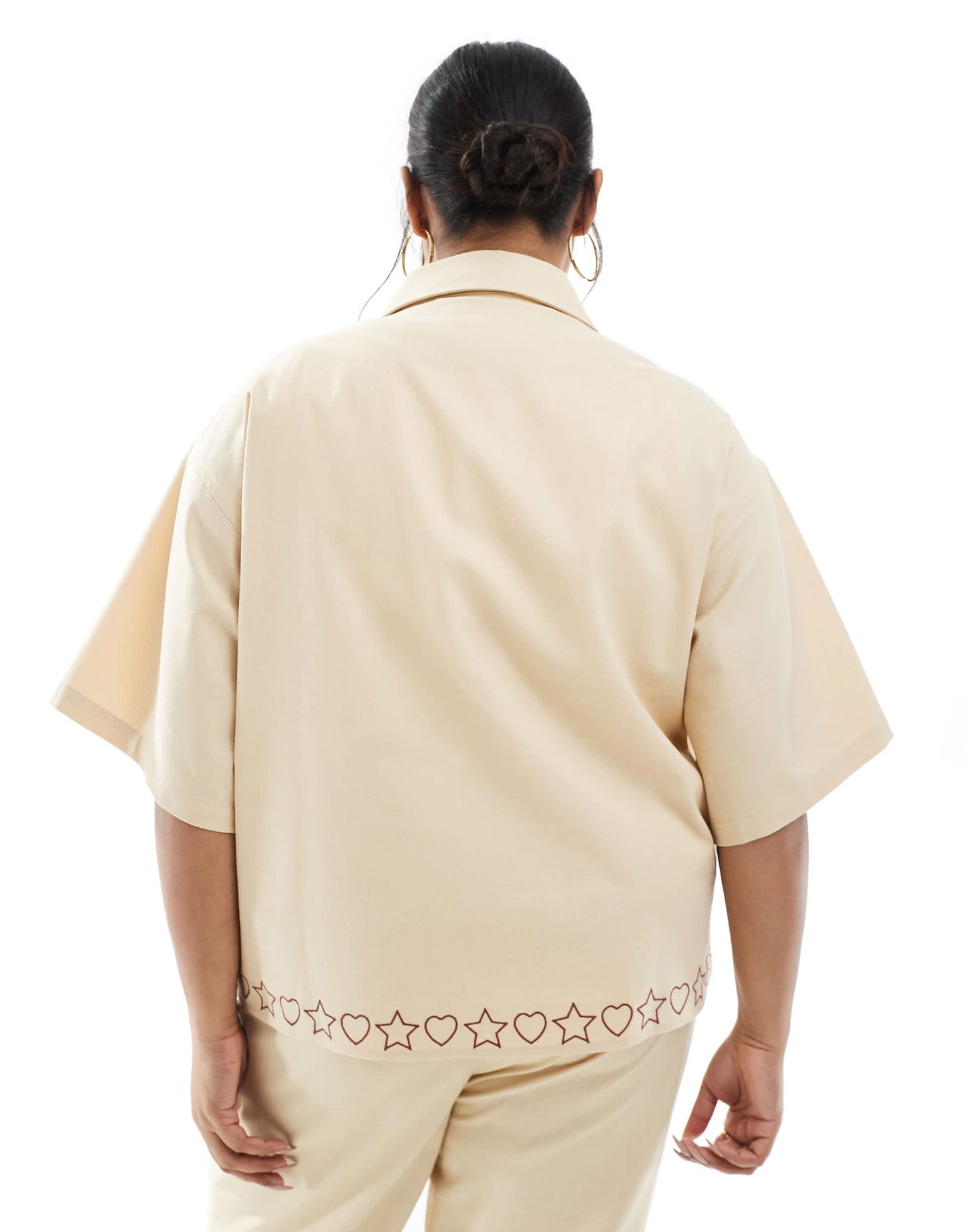 Renee Studio Plus exclusive linen blend button front embroidered detail shirt co-ord in beige