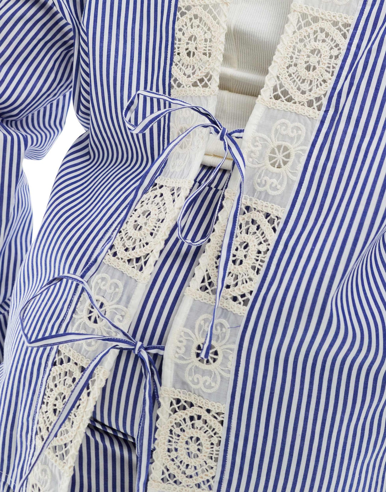 Renee Studio Plus exclusive button through tie back crochet detail shirt co-ord in blue and white stripe