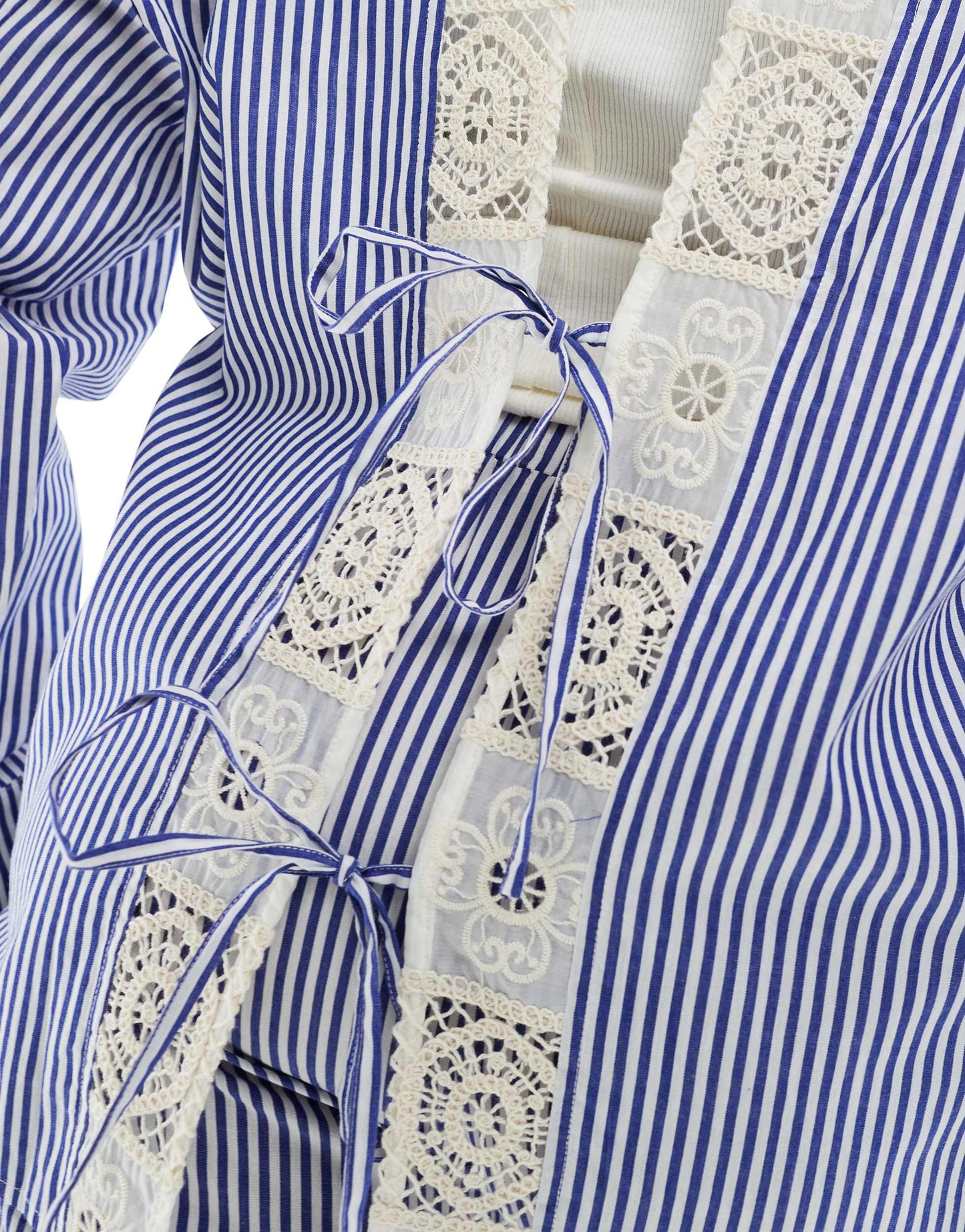 Renee Studio Plus exclusive button through tie back crochet detail shirt co-ord in blue and white stripe