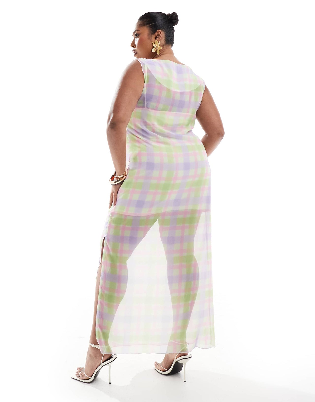 Renee Studio exclusive mesh cowl neck sleeveless sheer hem midi dress in green check