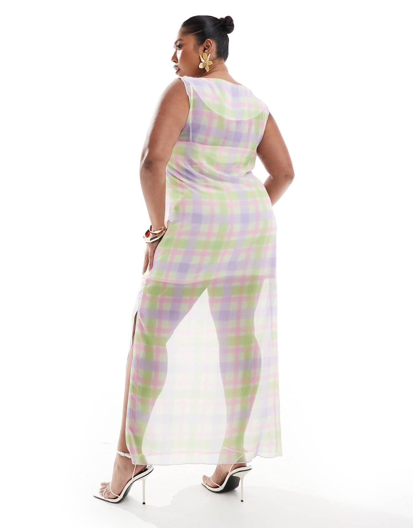 Renee Studio exclusive mesh cowl neck sleeveless sheer hem midi dress in green check