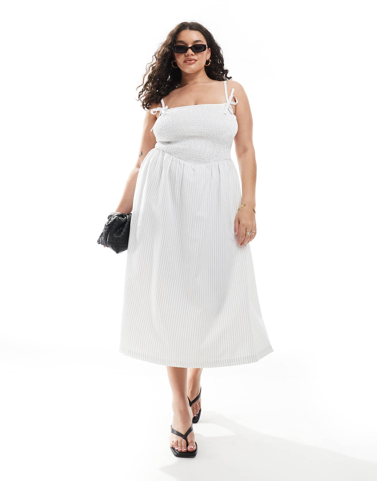 Renee Studio Plus exclusive shirred midi dress in black and white stripe