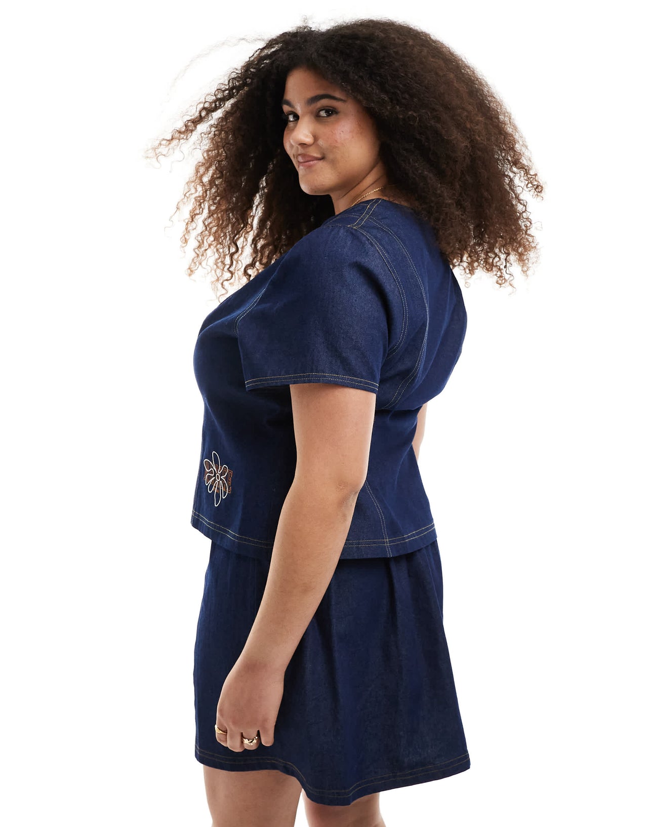 Renee Studio Plus exclusive denim button front short sleeve top co-ord in dark wash blue