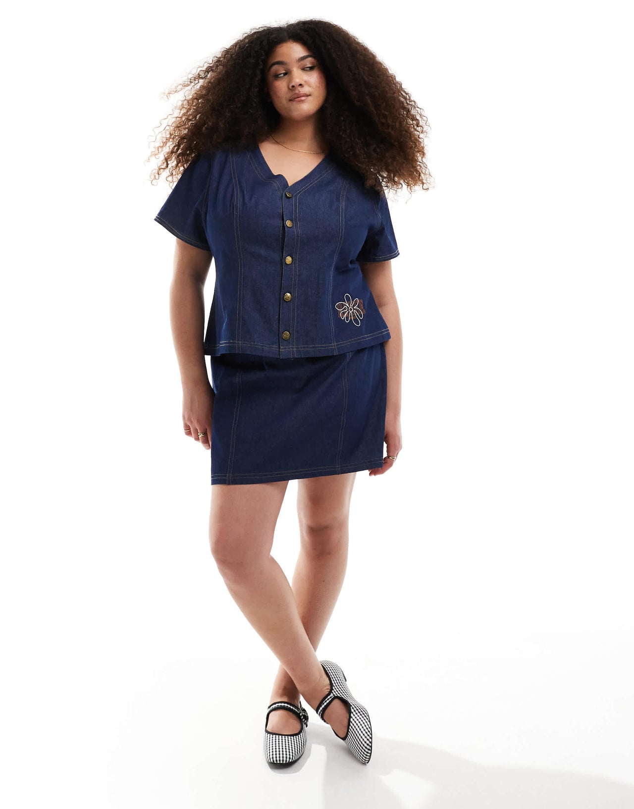 Renee Studio Plus exclusive denim button front short sleeve top co-ord in dark wash blue