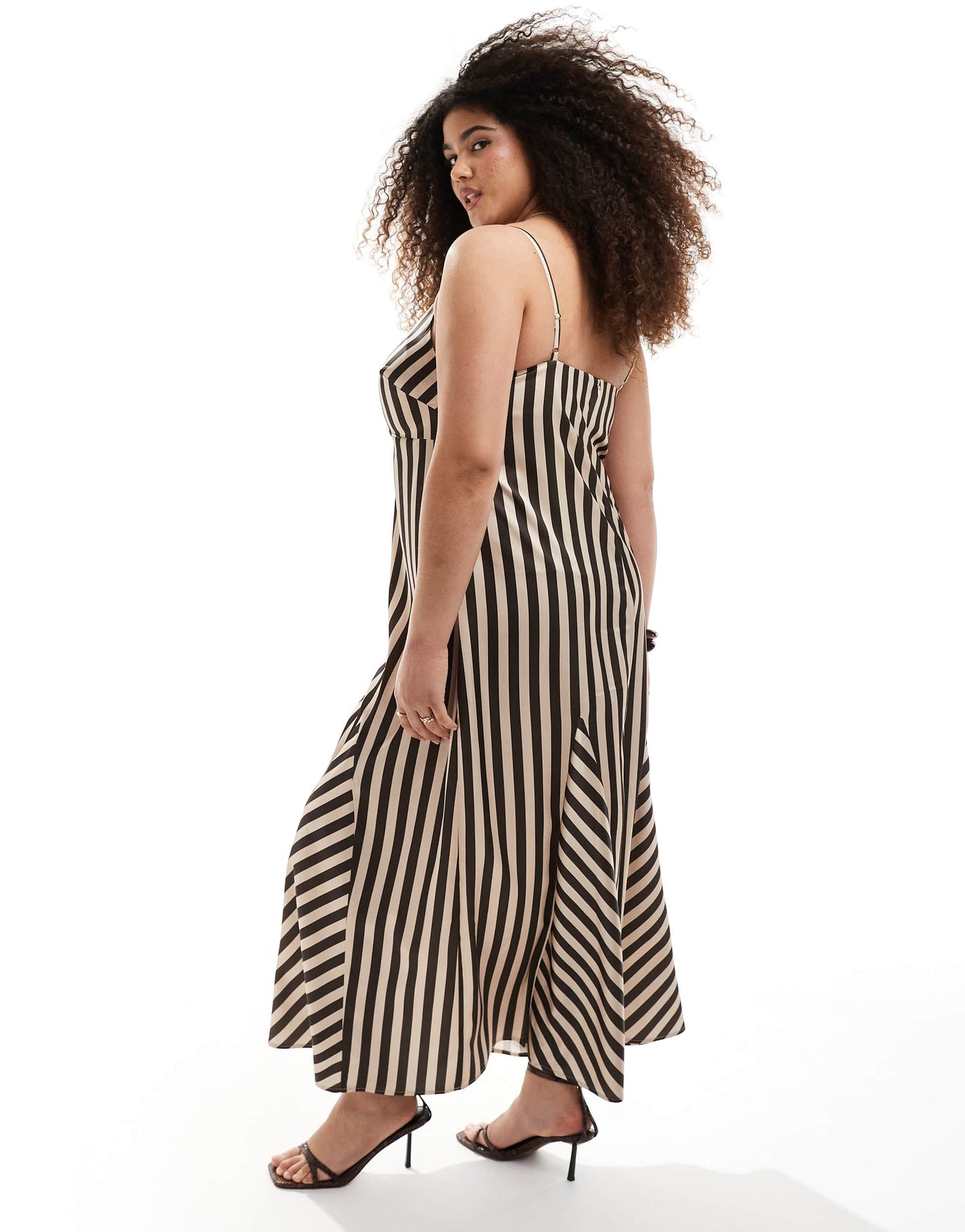 Renee Studio Plus exclusive satin strappy v neck godet maxi dress in brown stripe