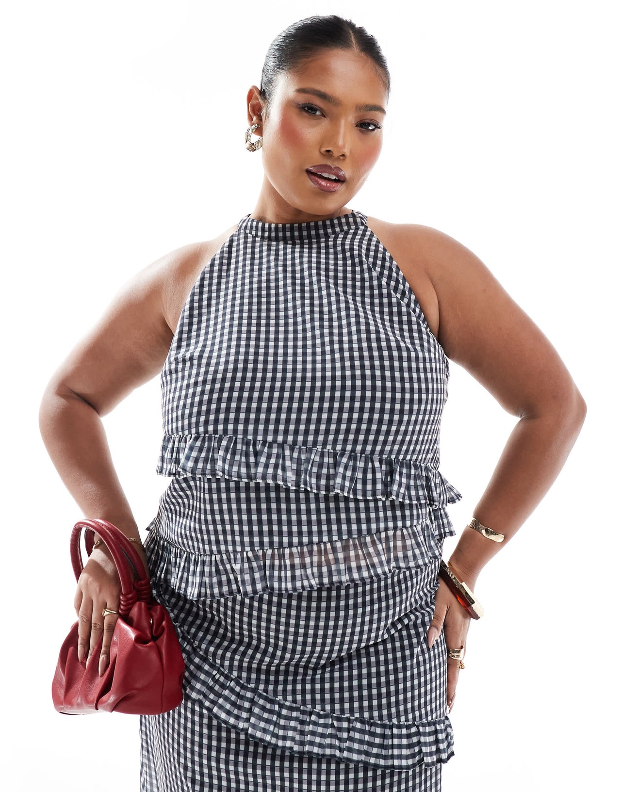 Renee Studio Plus exclusive asymmetric ruffle sleeveless halterneck top co-ord in grey check