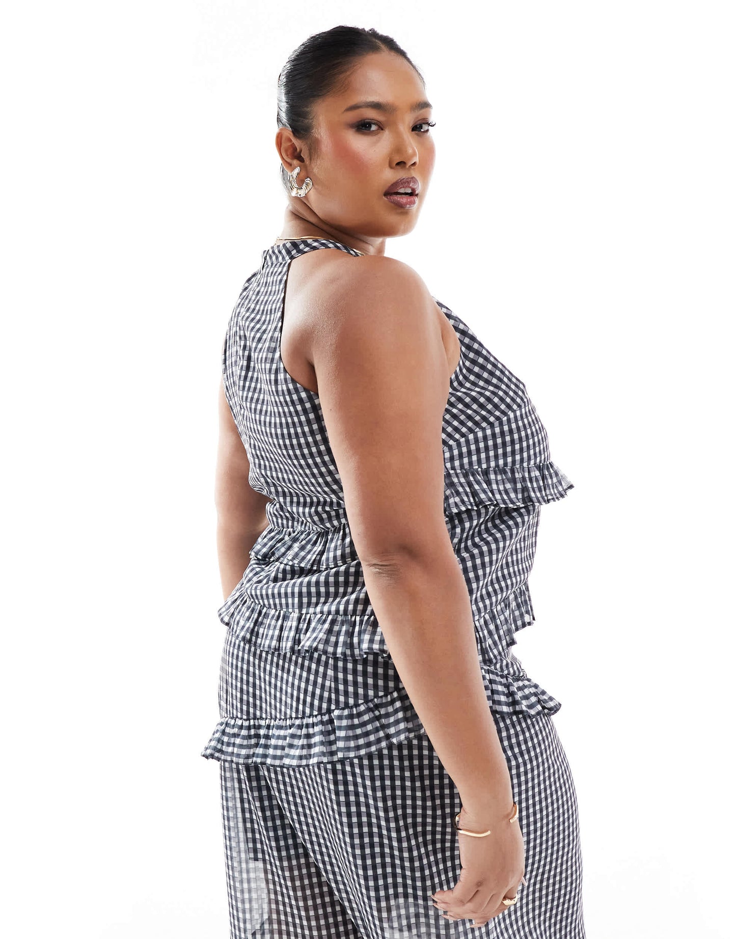 Renee Studio Plus exclusive asymmetric ruffle sleeveless halterneck top co-ord in grey check