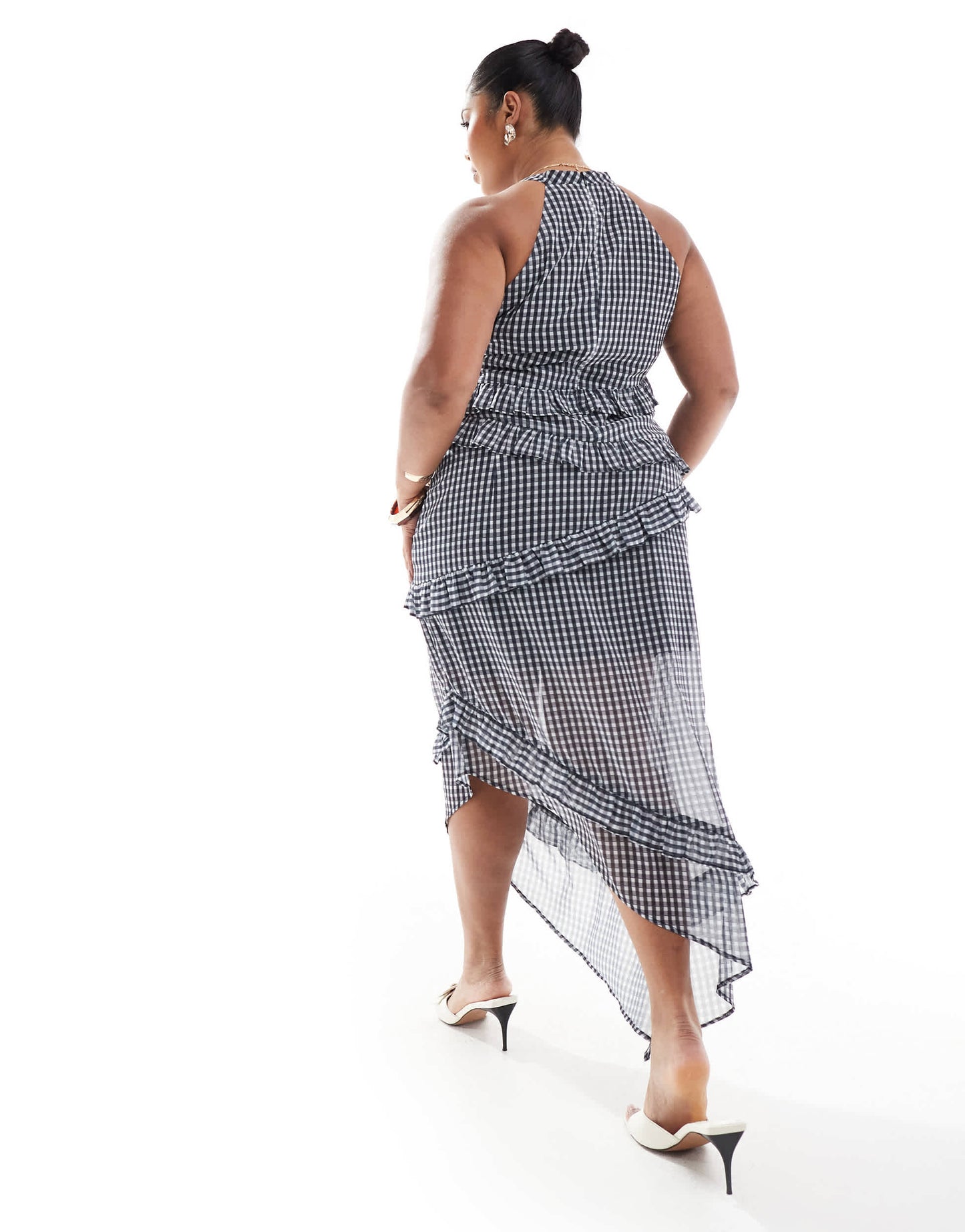Renee Studio exclusive asymmetric ruffle trim midi skirt co-ord in grey check