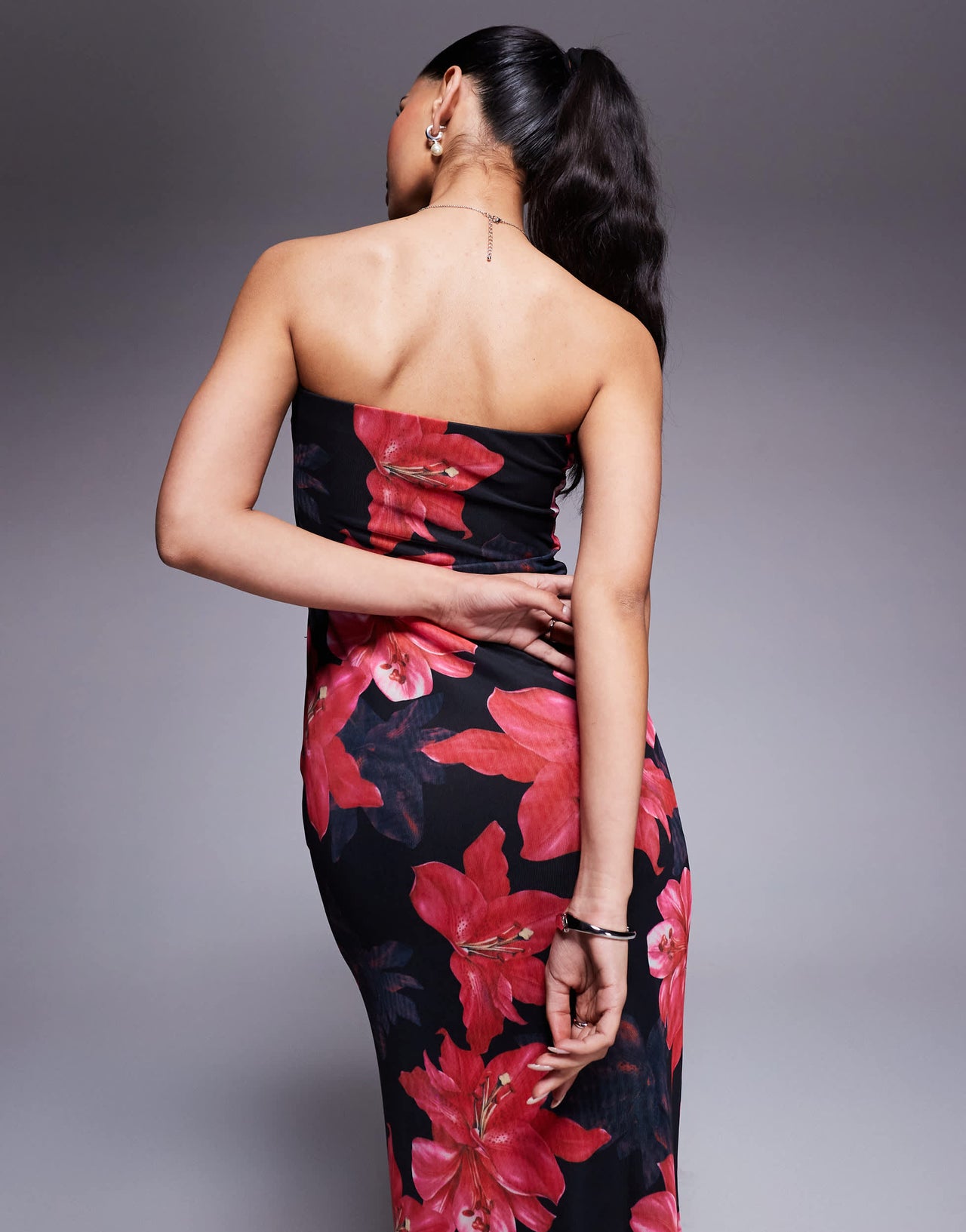 Princess Polly mesh bandeau maxi dress in red and black flower print