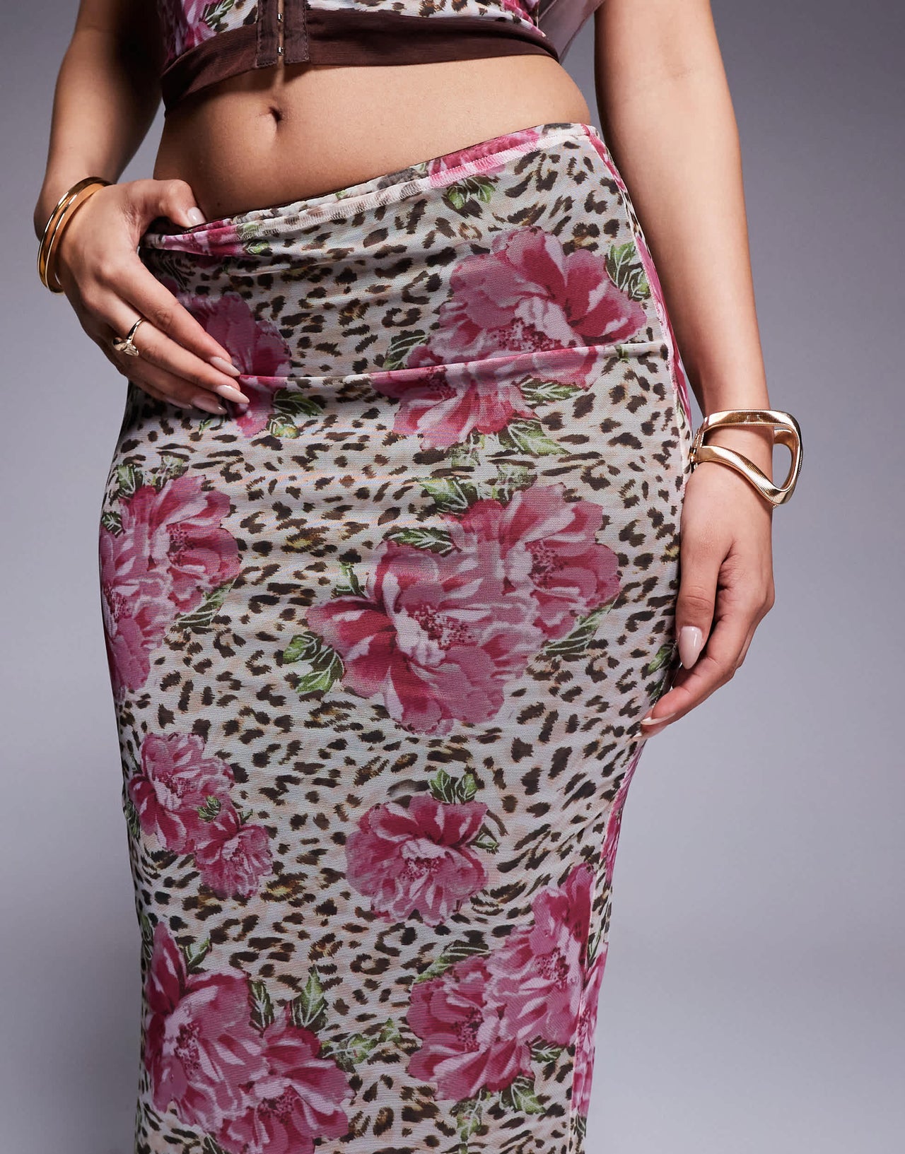 Princess Polly mesh back split maxi skirt co-ord in animal flower print