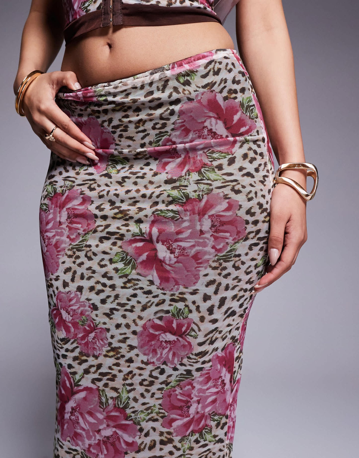 Princess Polly mesh back split maxi skirt co-ord in animal flower print