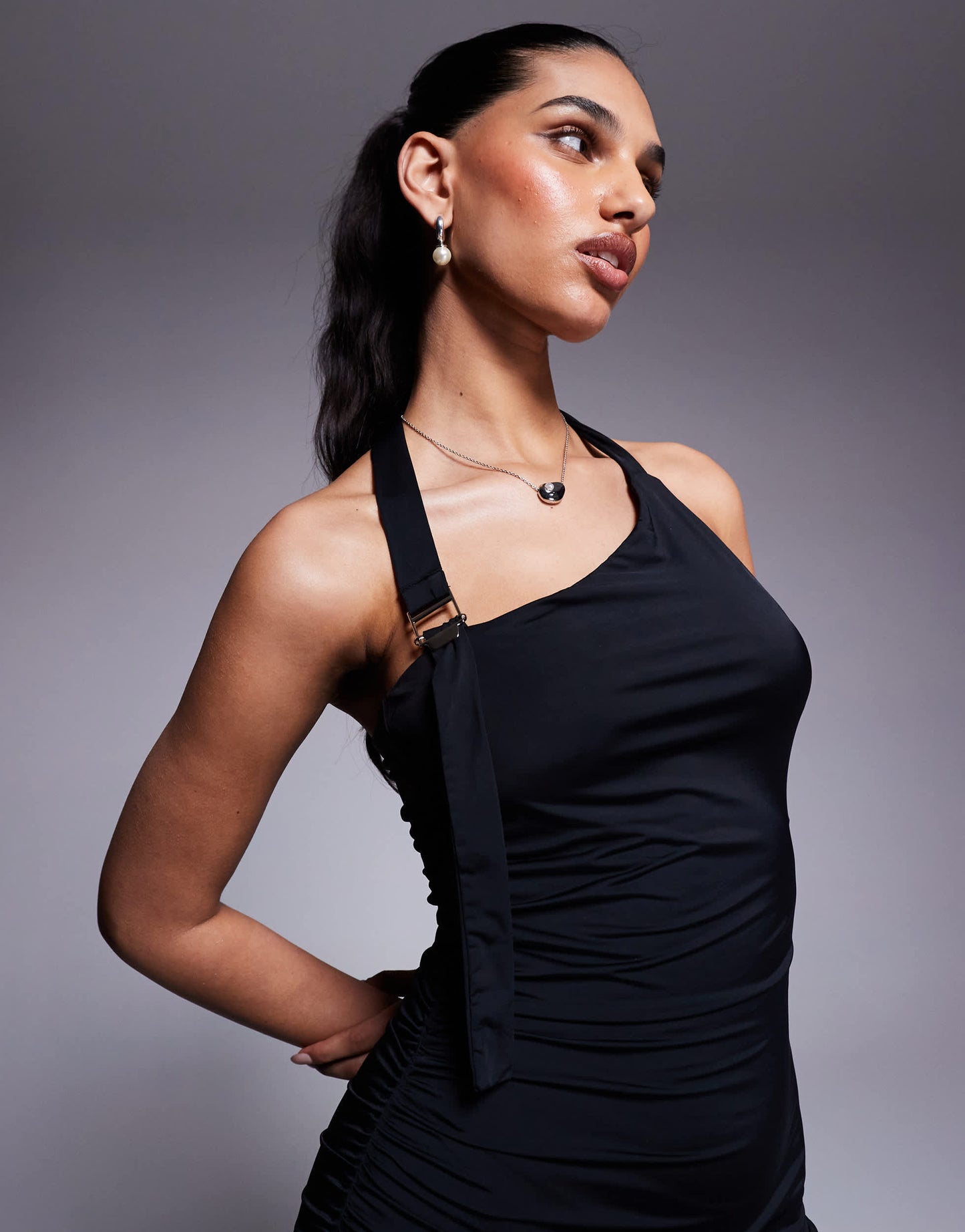 Princess Polly slinky asymmetric halterneck metal buckle detail mini dress in black