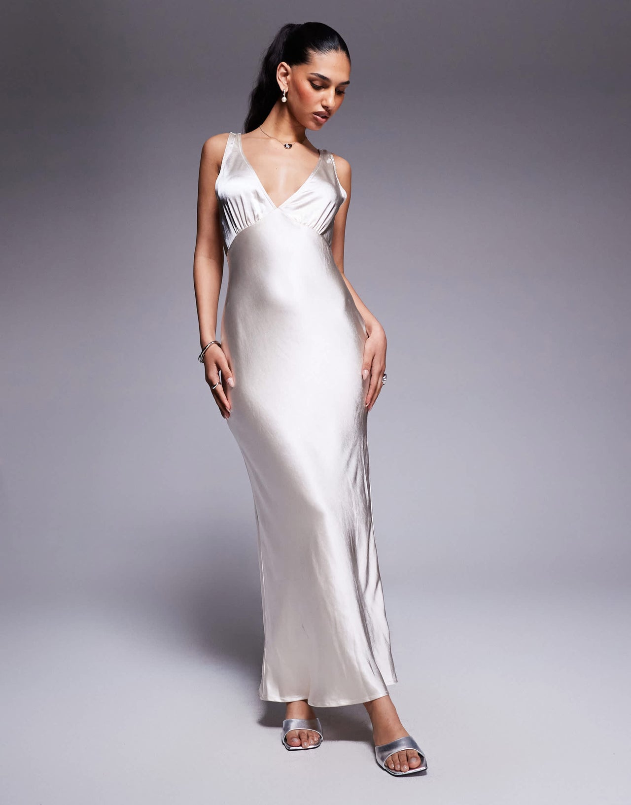 Princess Polly satin plunge cowl back maxi dress in oyster