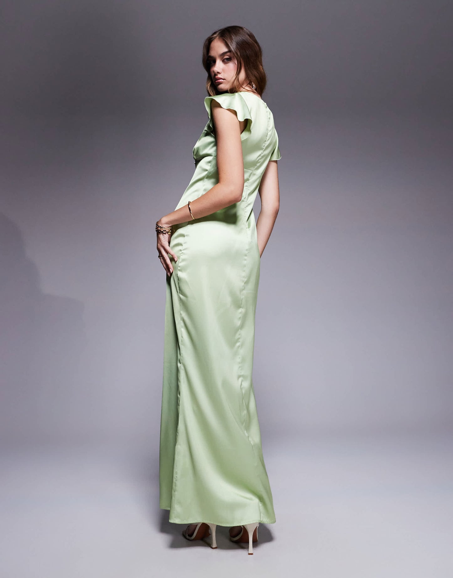 Princess Polly satin plunge lace trim flutter sleeve maxi dress in green