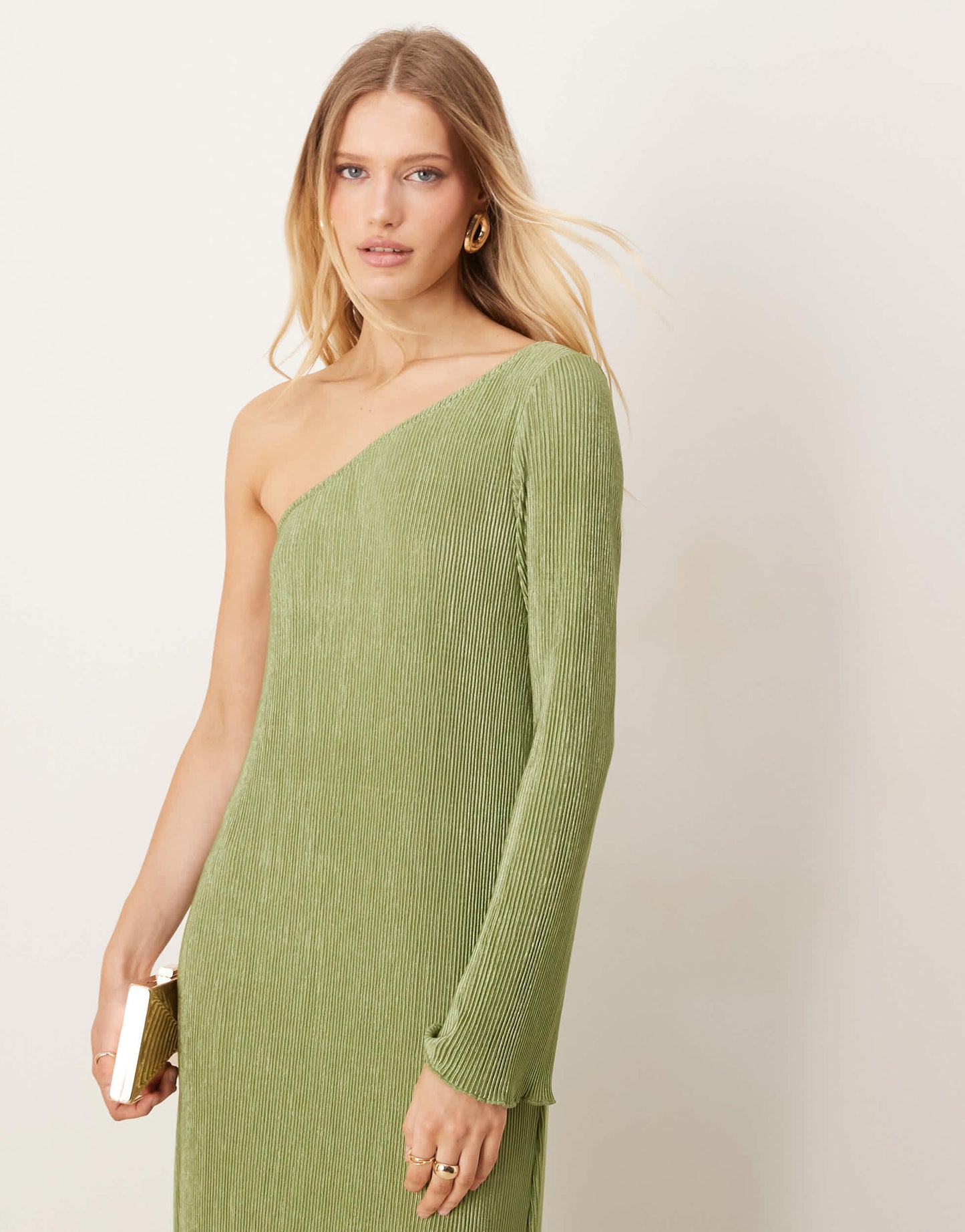 Vila plisse one shoulder long sleeve maxi dress in sage green