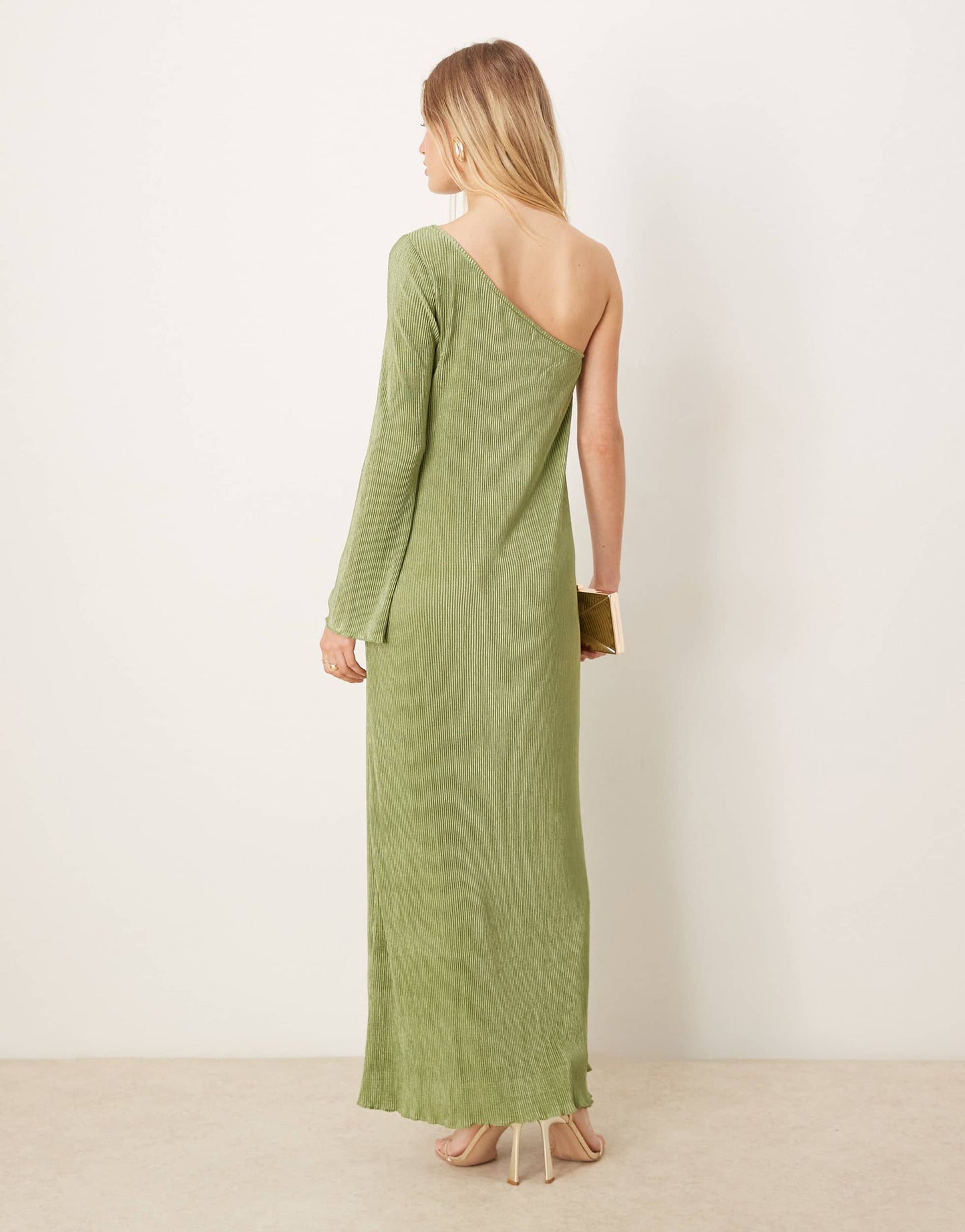 Vila plisse one shoulder long sleeve maxi dress in sage green