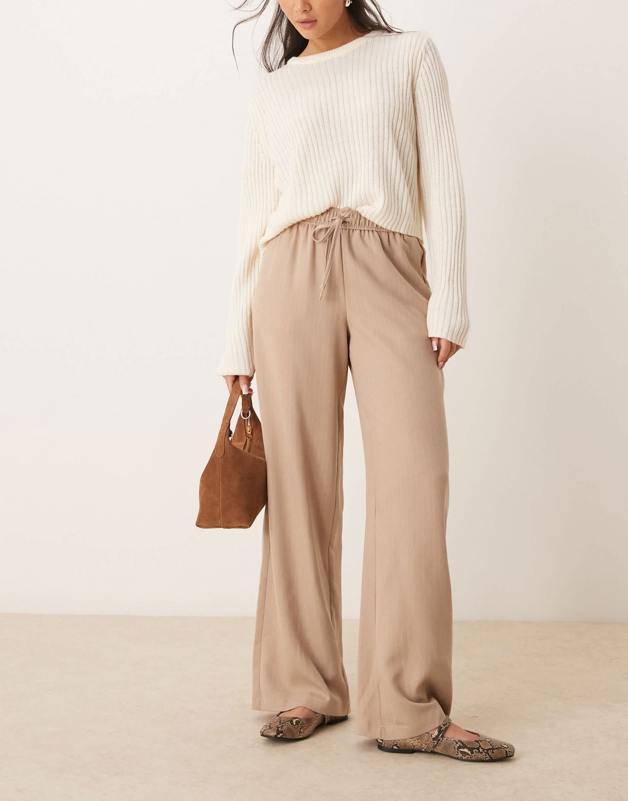 Vila wide leg tie waist trouser in tan and white pinstripe