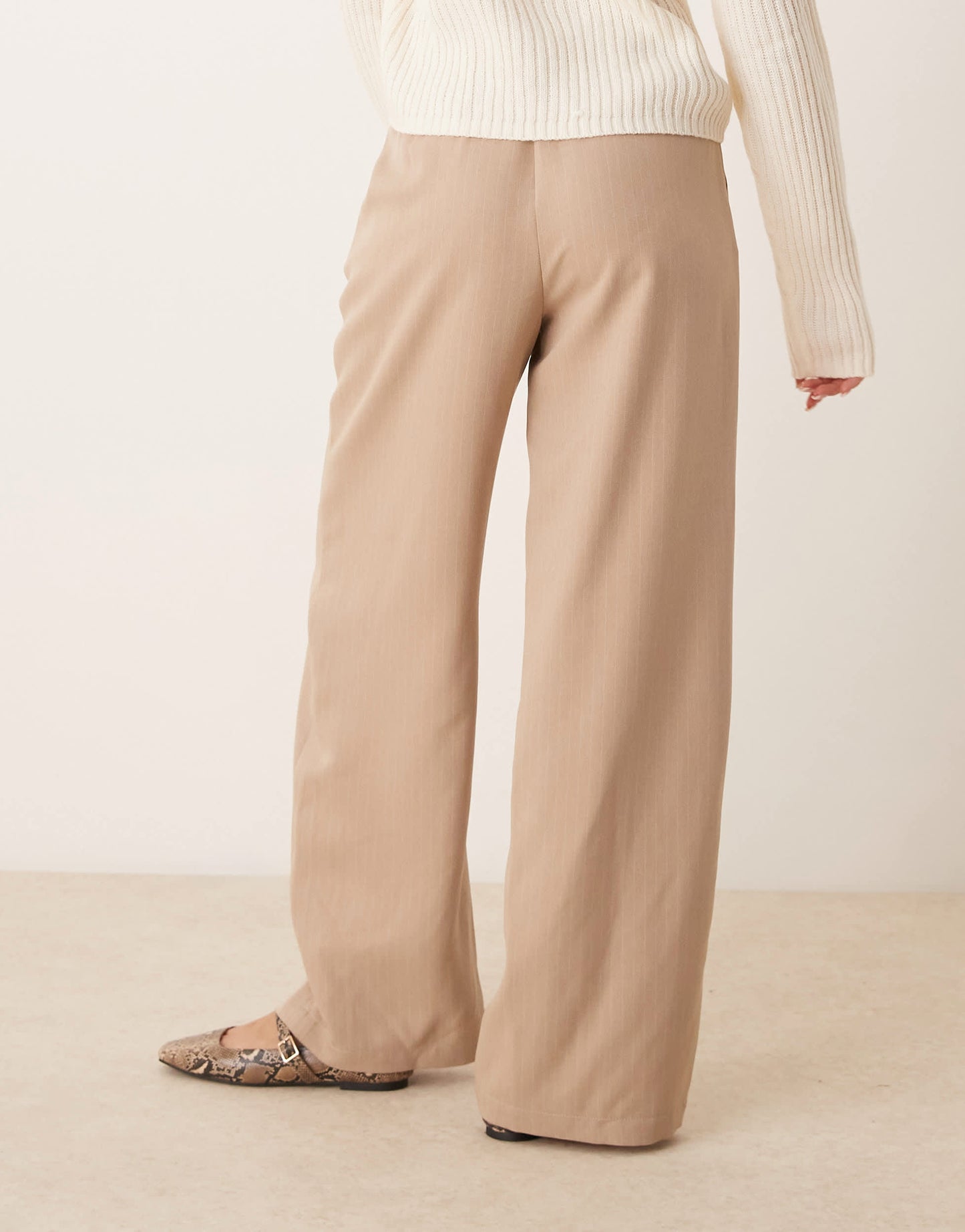 Vila wide leg tie waist trouser in tan and white pinstripe