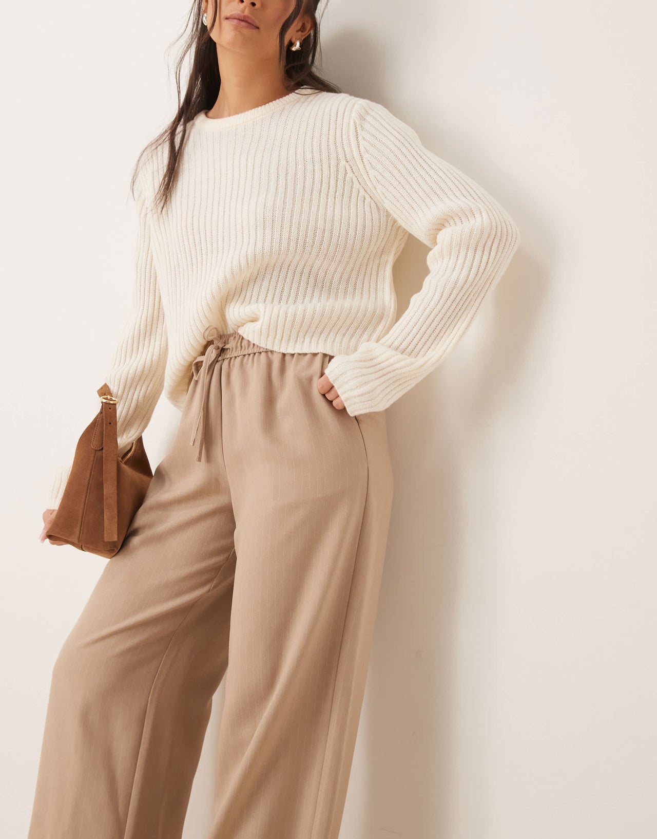 Vila wide leg tie waist trouser in tan and white pinstripe