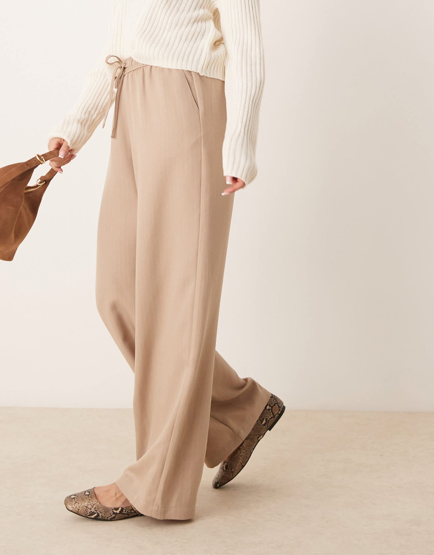 Vila wide leg tie waist trouser in tan and white pinstripe