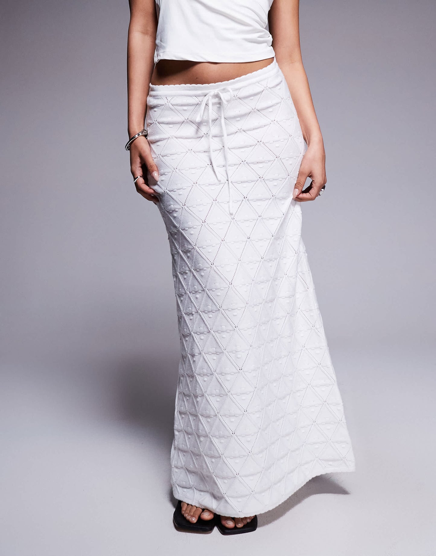 Princess Polly knitted tie front maxi skirt in white