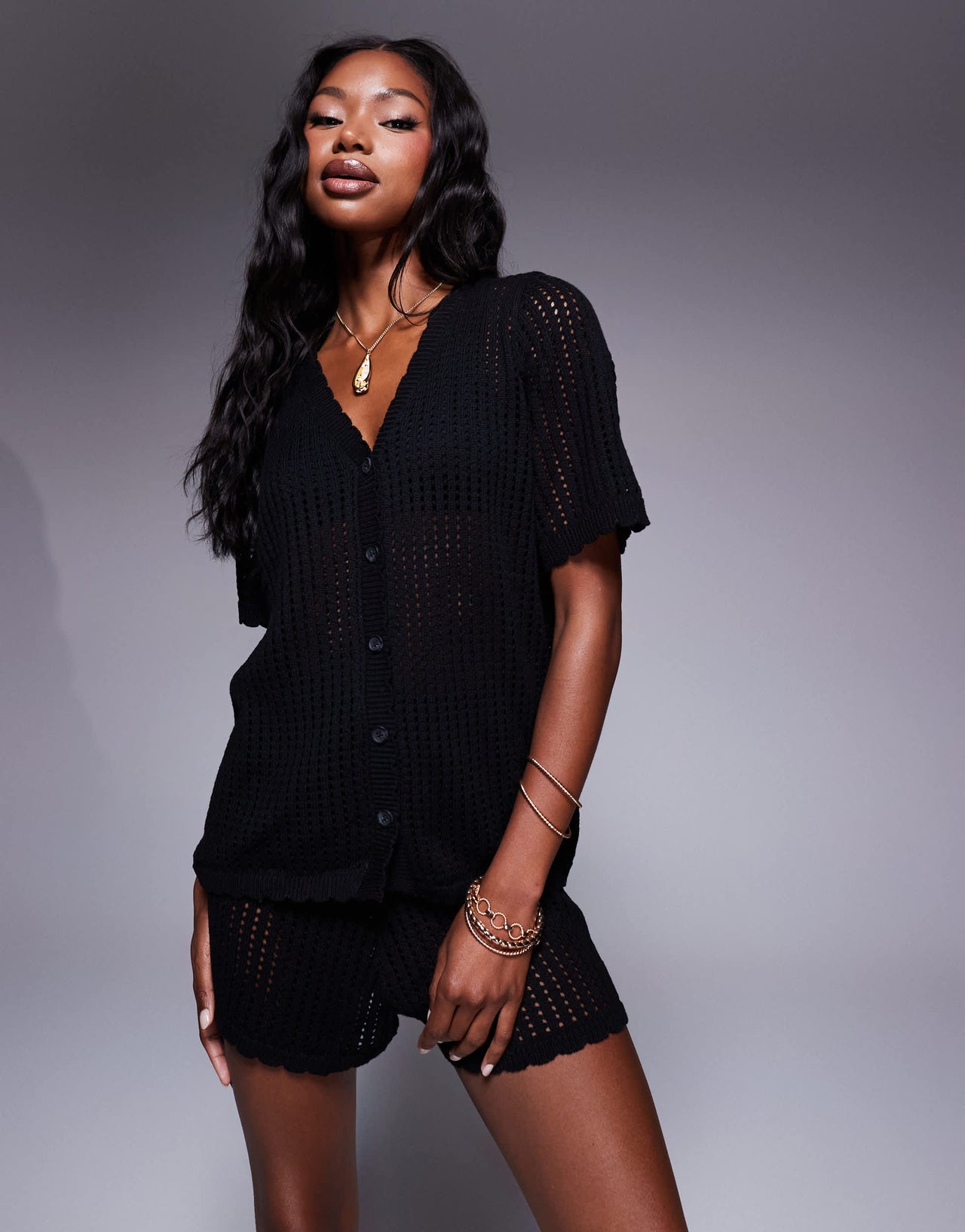 Princess Polly crochet scallop trim button front shirt and shorts full set in black