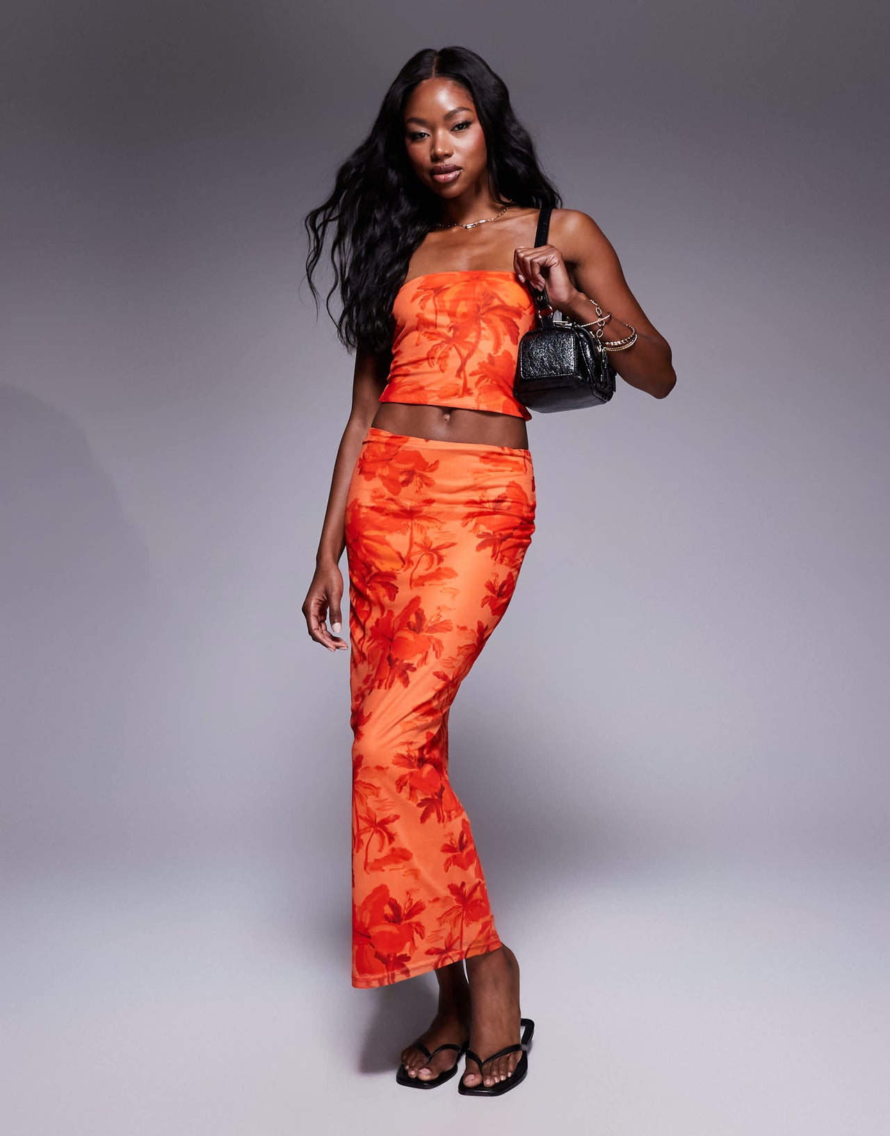 Princess Polly mesh bandeau top and low rise midi skirt full set in orange palm print