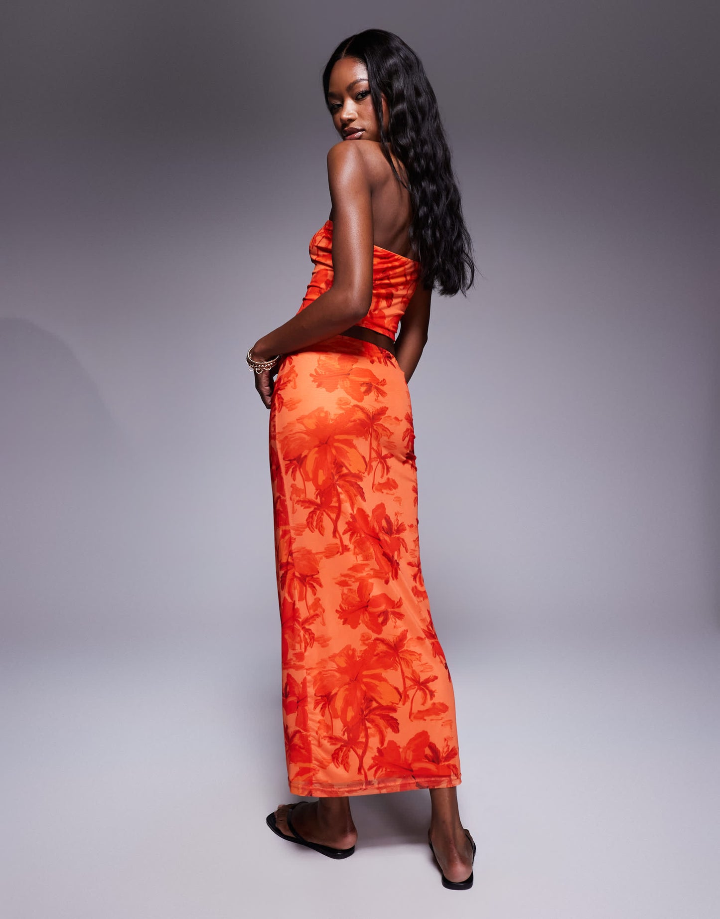 Princess Polly mesh bandeau top and low rise midi skirt full set in orange palm print