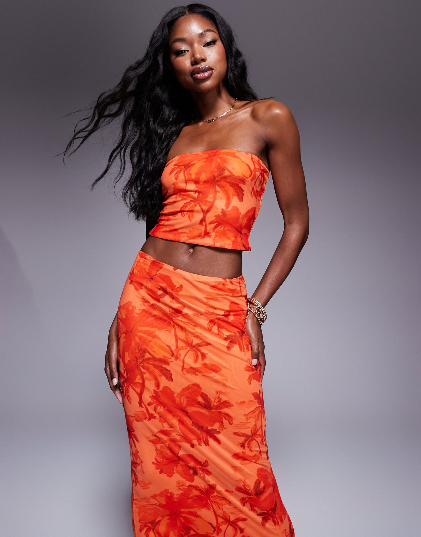 Princess Polly mesh bandeau top and low rise midi skirt full set in orange palm print