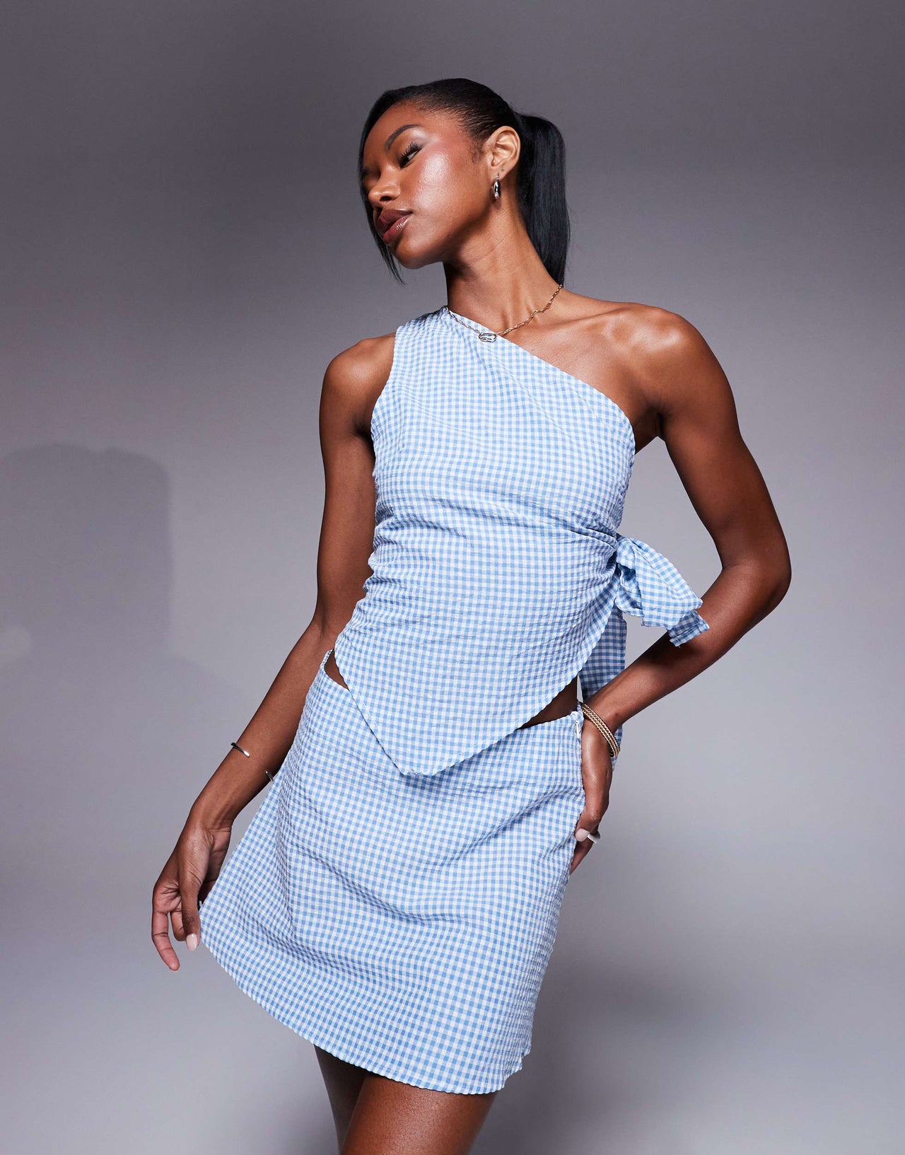 Princess Polly one shoulder tie side top and floaty mini skirt full set in blue and white gingham