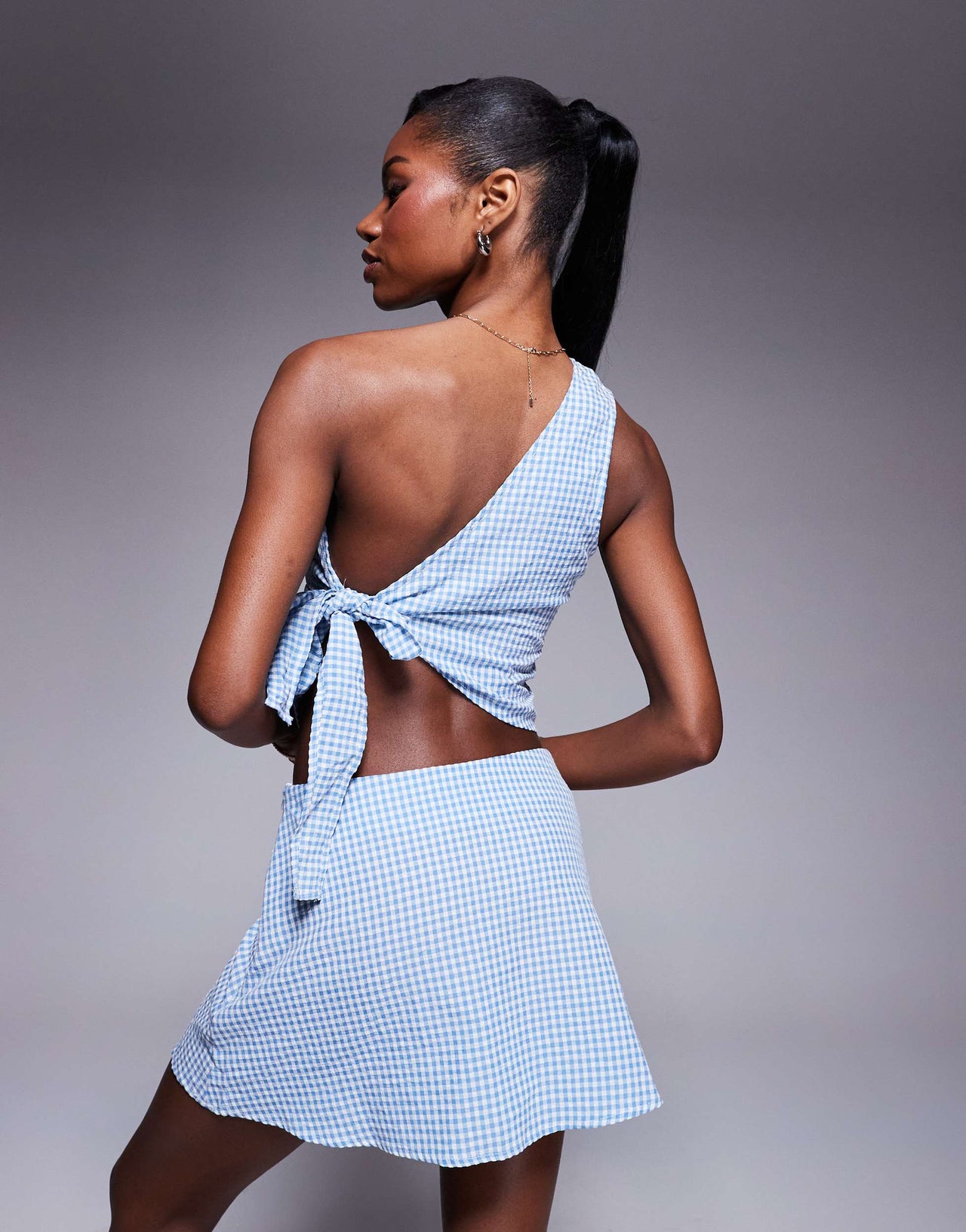 Princess Polly one shoulder tie side top and floaty mini skirt full set in blue and white gingham