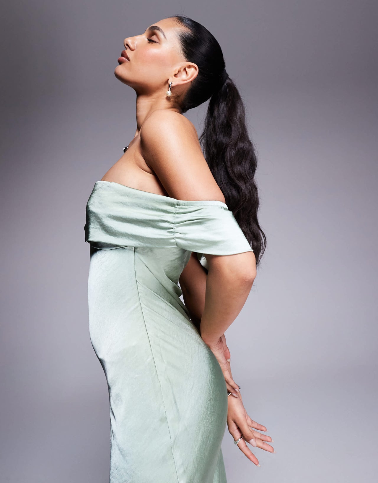 Princess Polly satin bardot ruched front detail maxi dress in sage