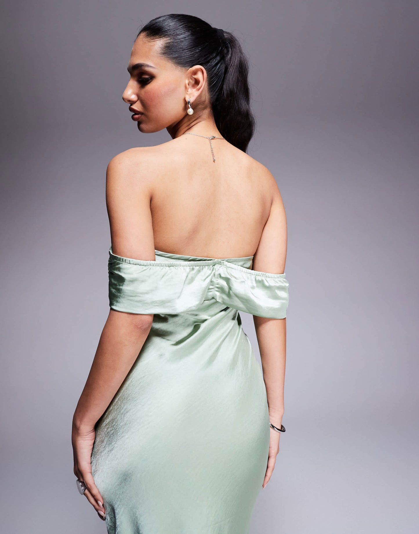 Princess Polly satin bardot ruched front detail maxi dress in sage