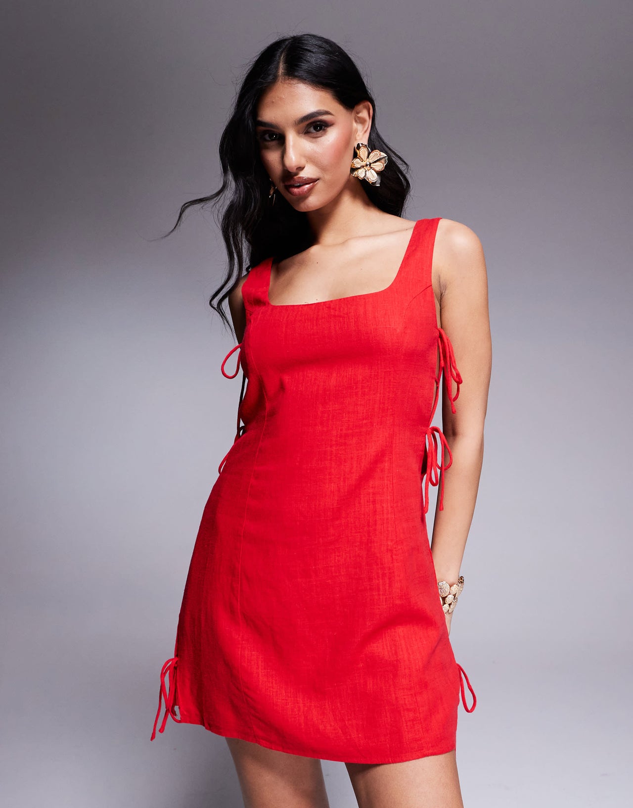 Princess Polly linen look square neck open tie side mini dress in red